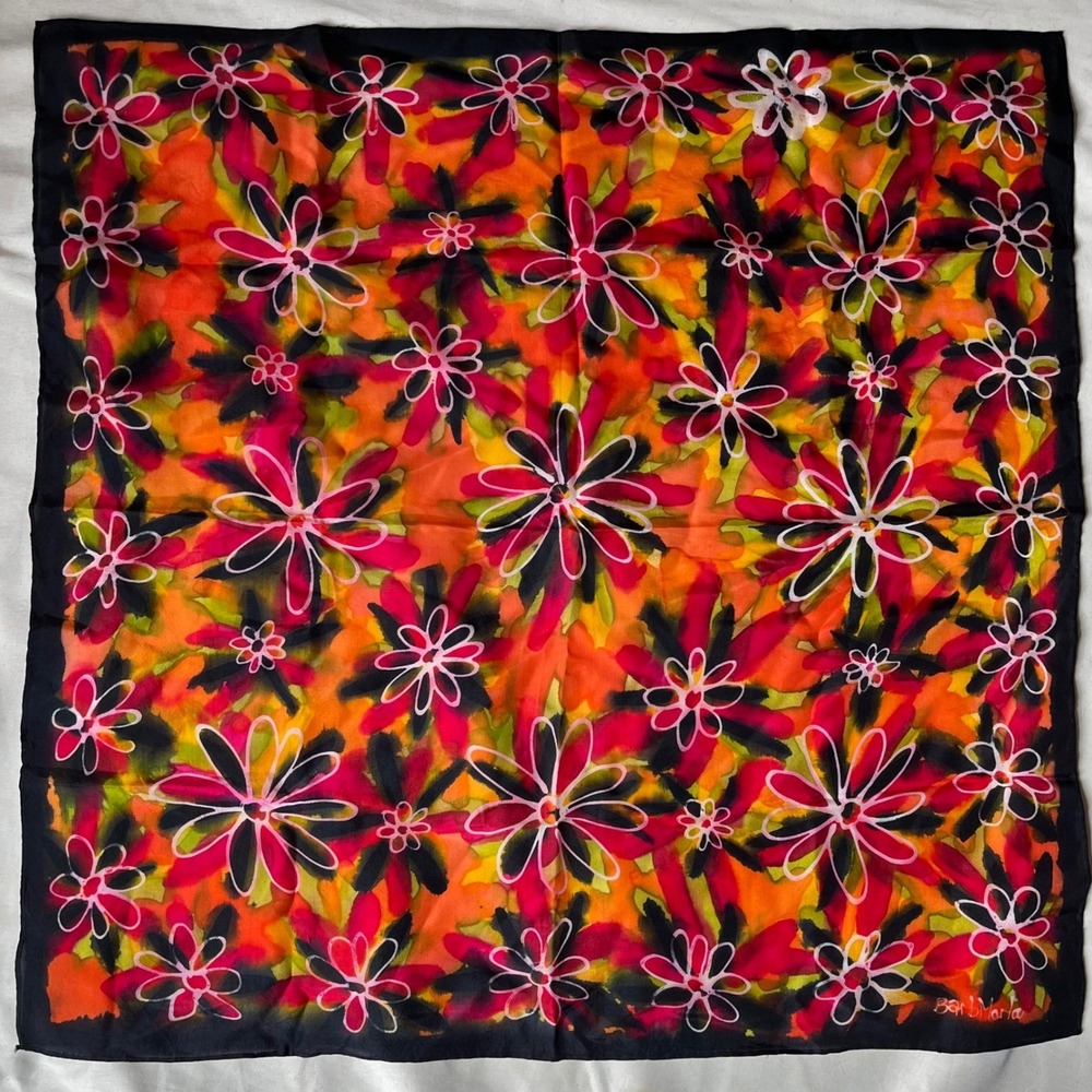 Hand Painted Silk Scarf Floral Abstract Signed‎ Barb Marla 20x21